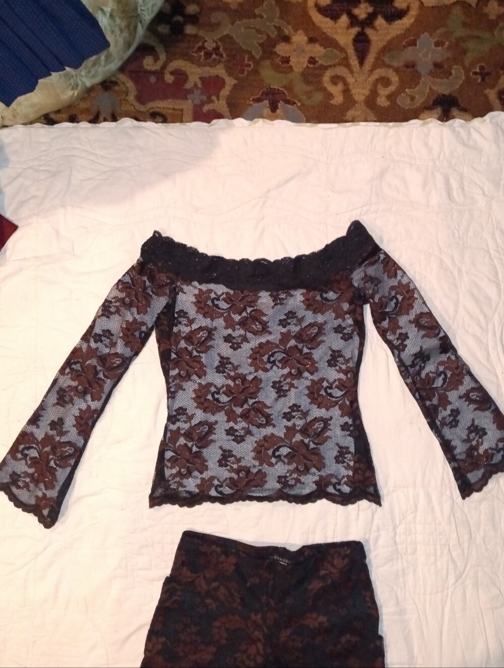 Vintage Casadei Set  Black  Brown Lace Off-Shoulder Top & Flared Pants Sz S - Picture 11 of 15